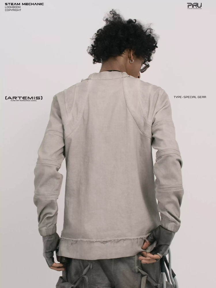 CHAOS ERA eris white raw-edge long-sleeve top — back modeled close-up showing curved shoulder seams