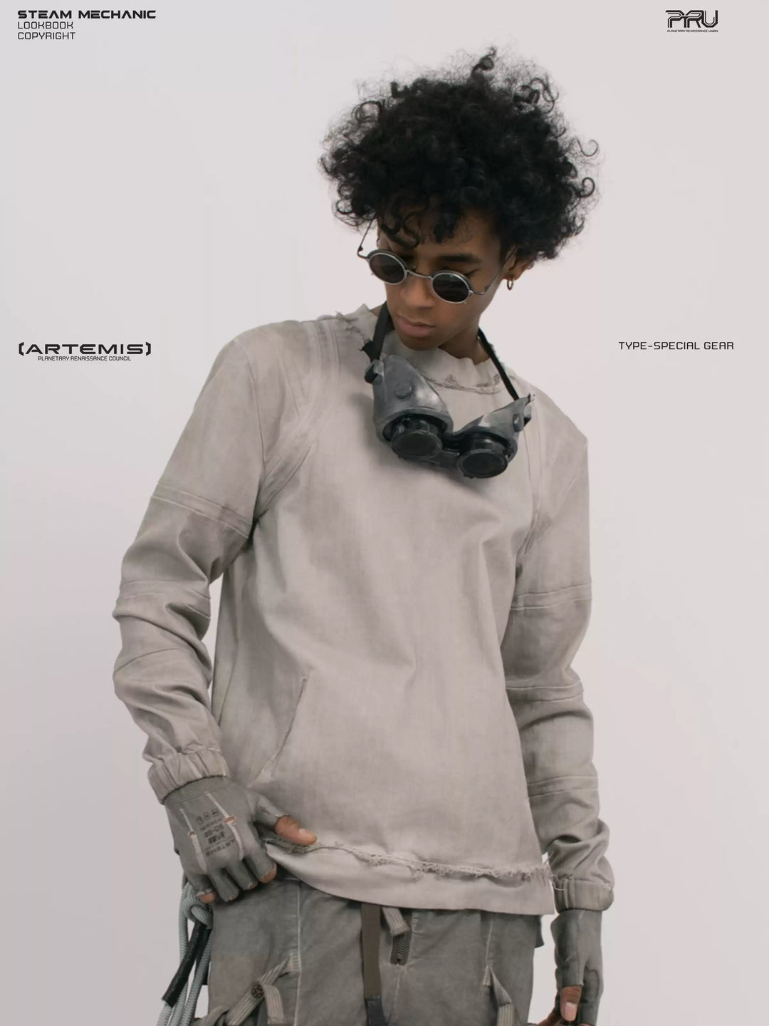 CHAOS ERA eris white raw-edge long-sleeve top — front modeled close-up looking down