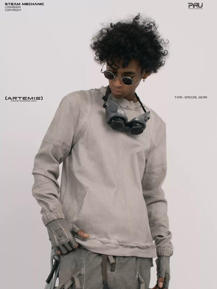 CHAOS ERA eris white raw-edge long-sleeve top — front modeled close-up looking down