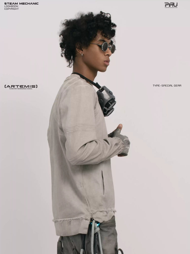 CHAOS ERA eris white raw-edge long-sleeve top — side modeled close-up showing a pocket