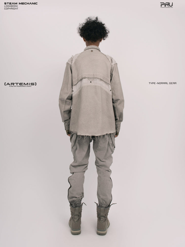 CHAOS ERA nightfall gray raw-edge technical shirt — nightfall gray full back modeled view showing the geometric rear panels and raw-edge seams