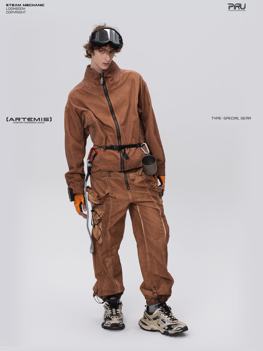 PIONEER detachable waist-pouch cargo pants in corona orange — full-length front view in a leaning pose