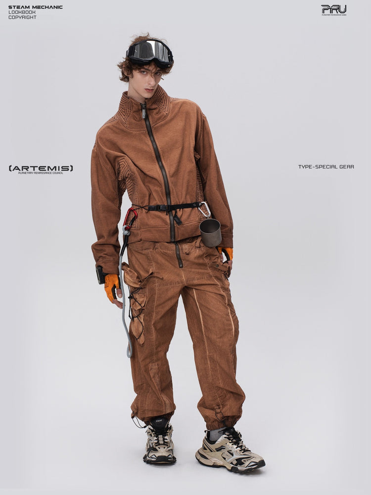 PIONEER detachable waist-pouch cargo pants in corona orange — full-length front view in a leaning pose