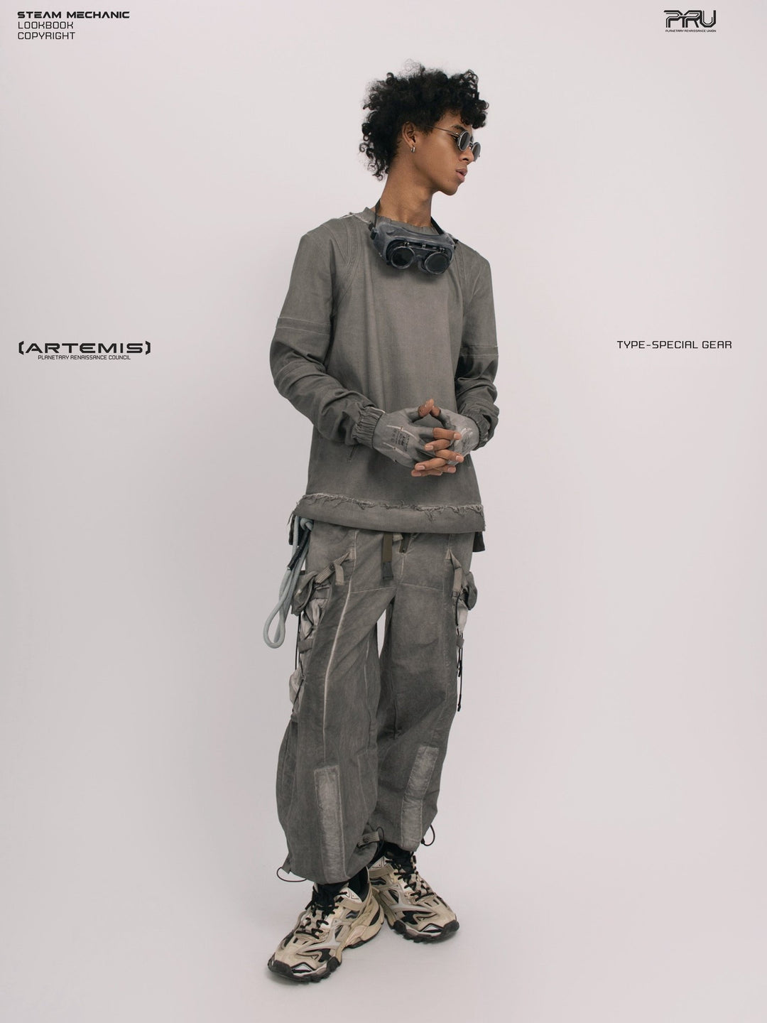 PIONEER detachable waist-pouch cargo pants in meteorite gray — full-length front view with hands clasped