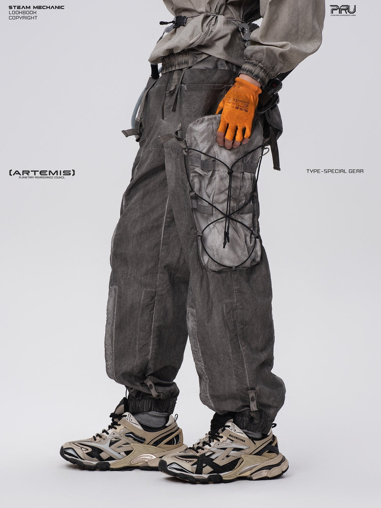 PIONEER detachable waist-pouch cargo pants in meteorite gray — opposite-side close-up of the laced cargo pocket