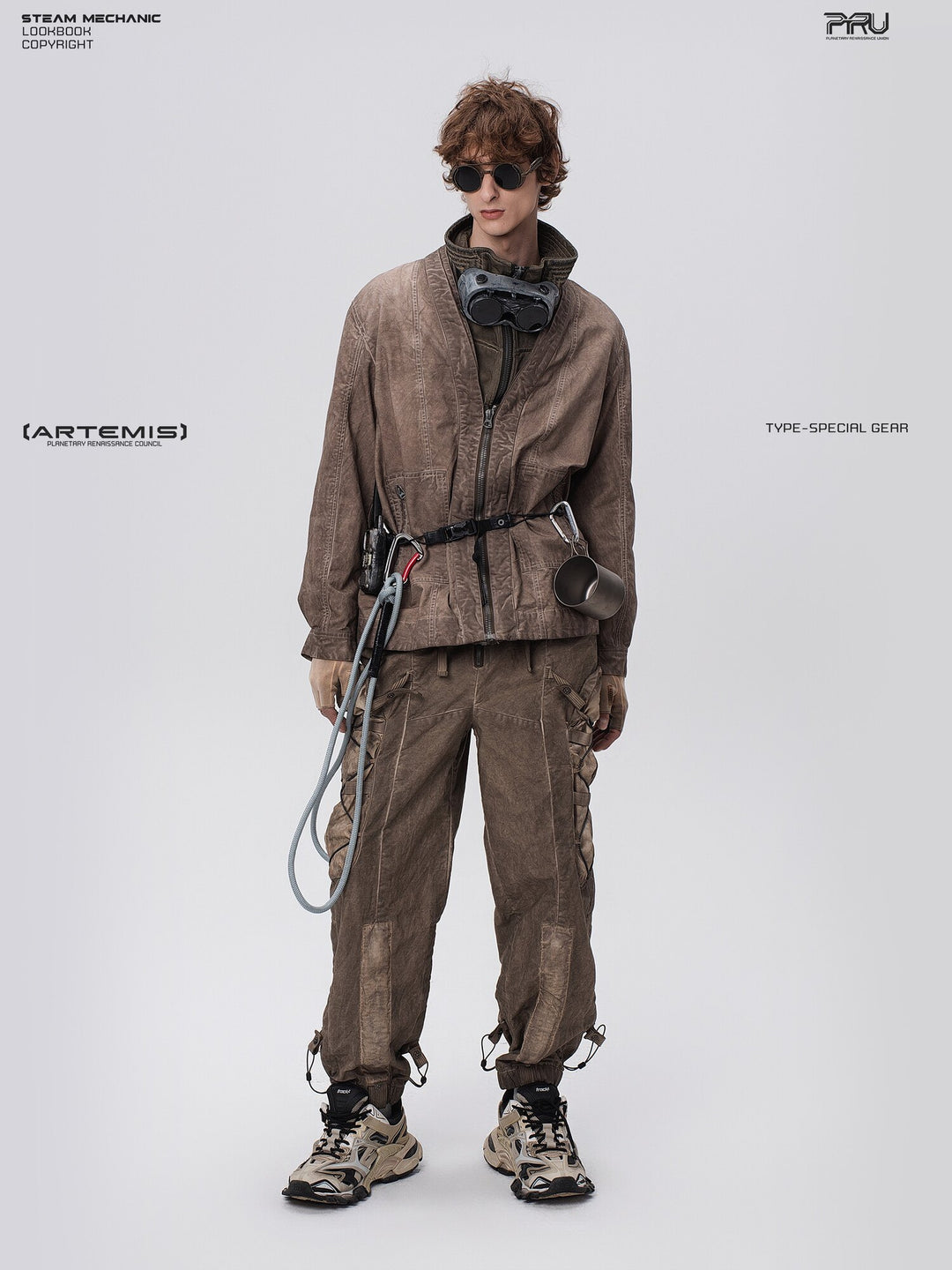 PIONEER detachable waist-pouch cargo pants in gravel brown — straight full-length front view