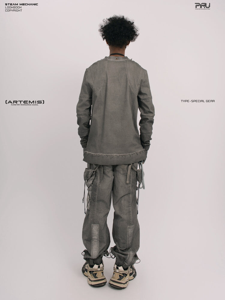 PIONEER detachable waist-pouch cargo pants in meteorite gray — straight full-length rear view