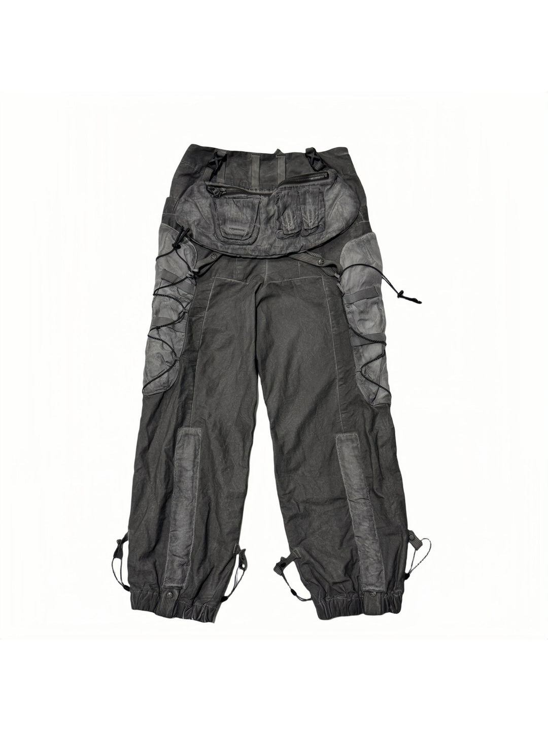 PIONEER detachable waist-pouch cargo pants in meteorite gray — garment-only front view with detachable pouch across the waist