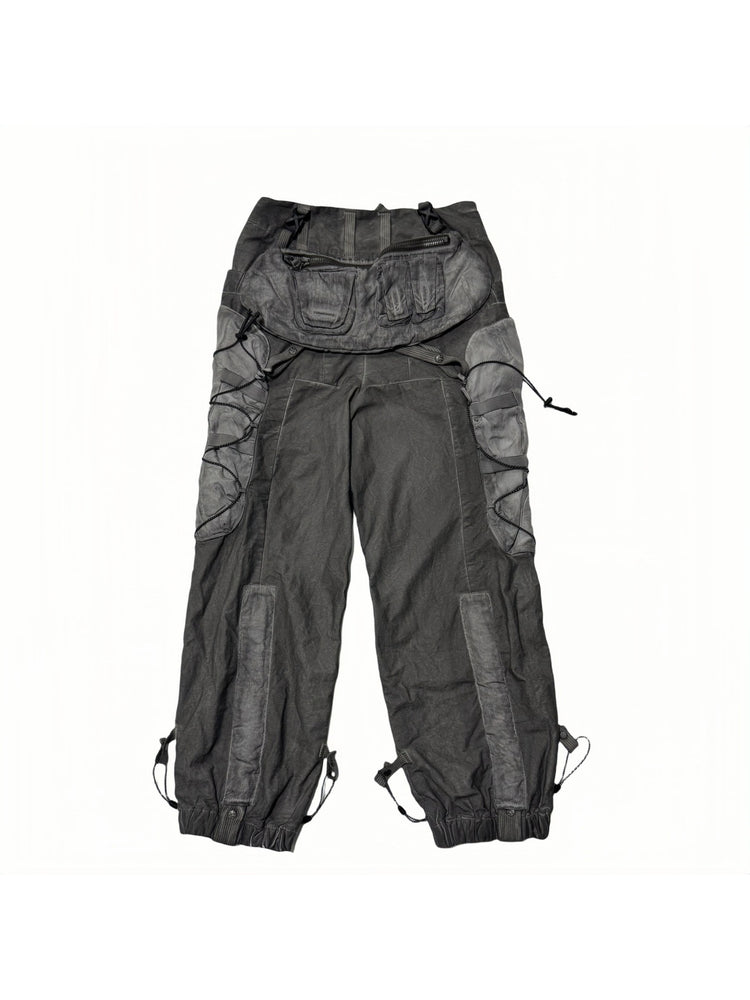 PIONEER detachable waist-pouch cargo pants in meteorite gray — garment-only front view with detachable pouch across the waist