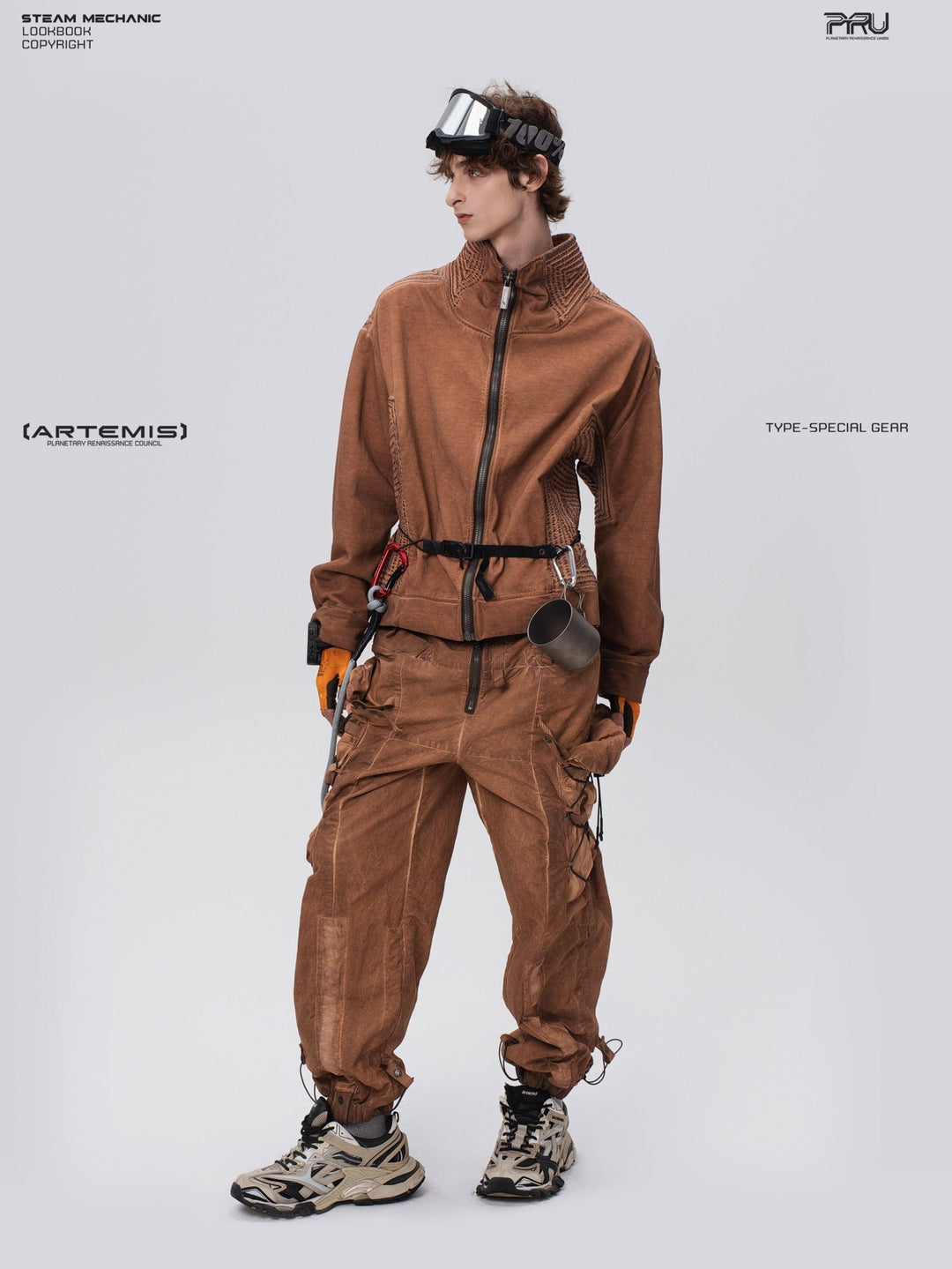 PIONEER detachable waist-pouch cargo pants in corona orange — full-length three-quarter modeled view