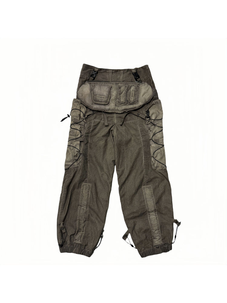PIONEER detachable waist-pouch cargo pants in gravel brown — garment-only front view with detachable pouch across the waist