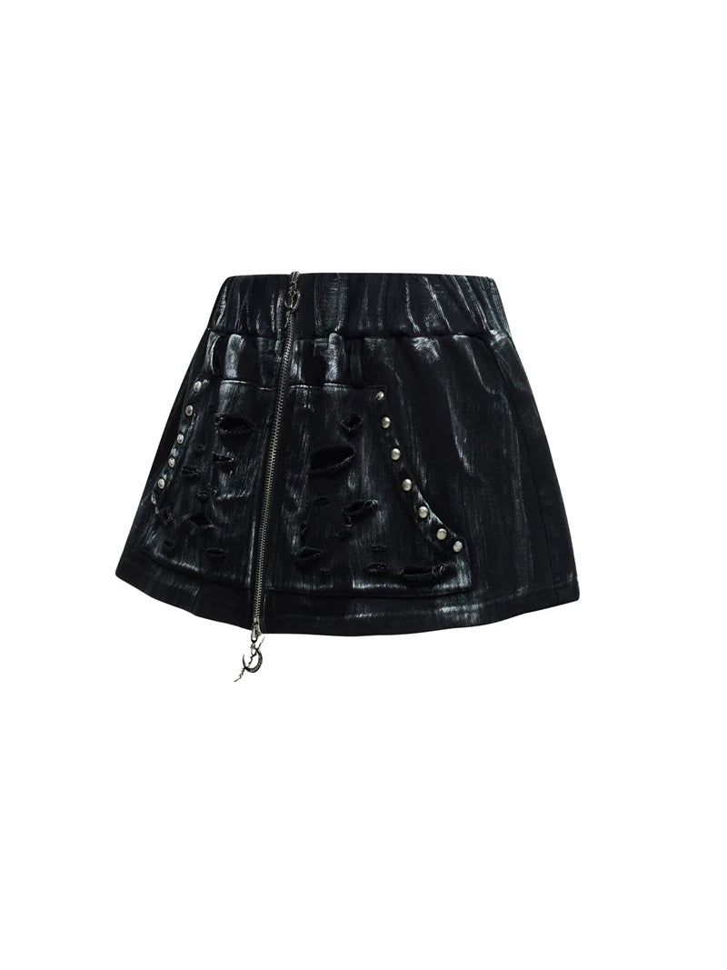PINKSPINK ELECTRIC MOON coated zip-front mini skirt — black solo product view