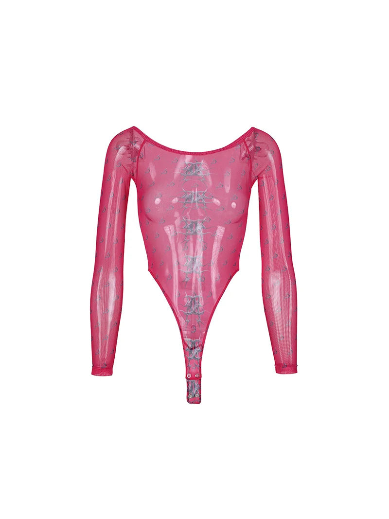 PINKSPINK MIRROR graphic mesh bodysuit — pink solo product view