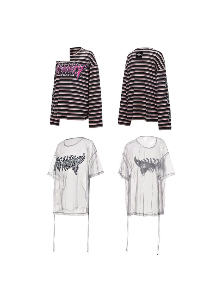 PINKSPINK ELECTRIC MOON striped mesh-overlay two-piece tee — black pink solo product view