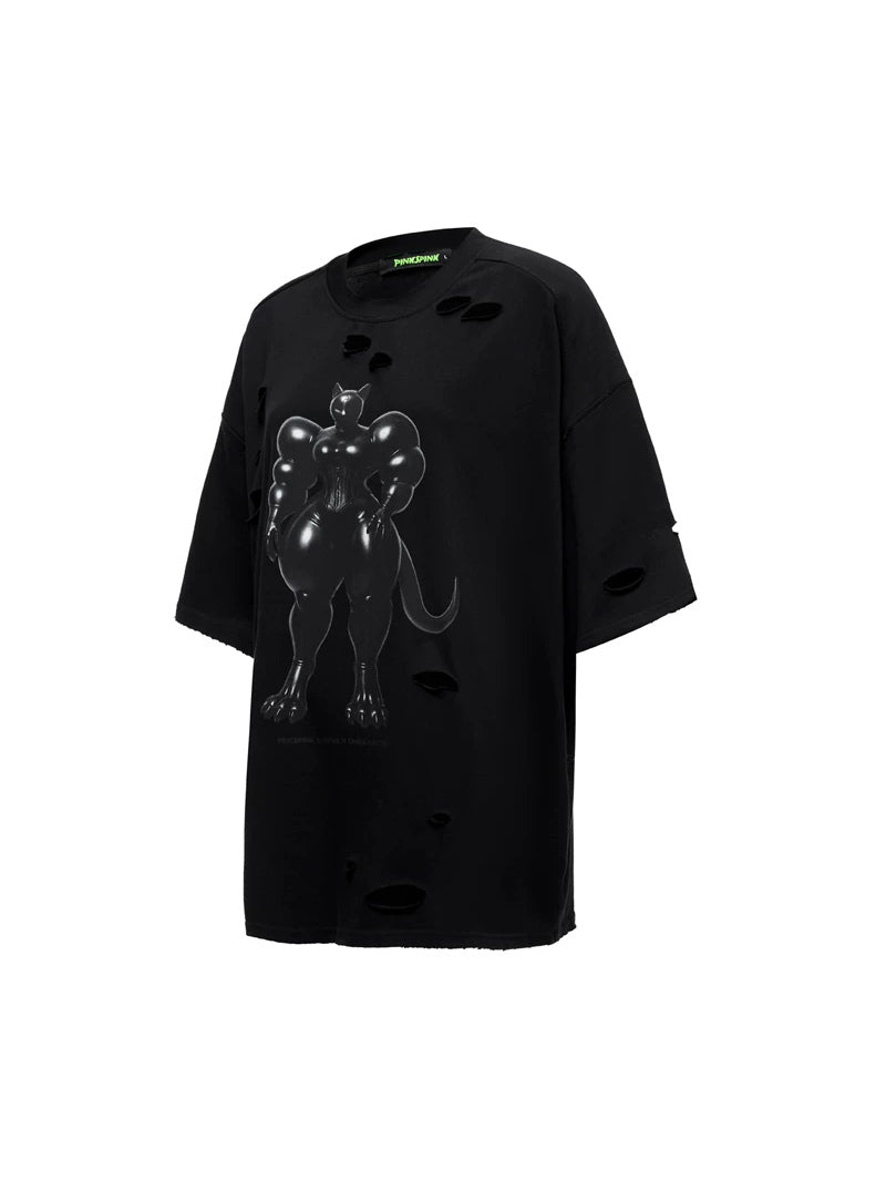 PINKSPINK FUTURE CAT distressed oversized tee — black solo product view