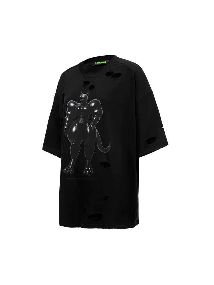 PINKSPINK FUTURE CAT distressed oversized tee — black solo product view