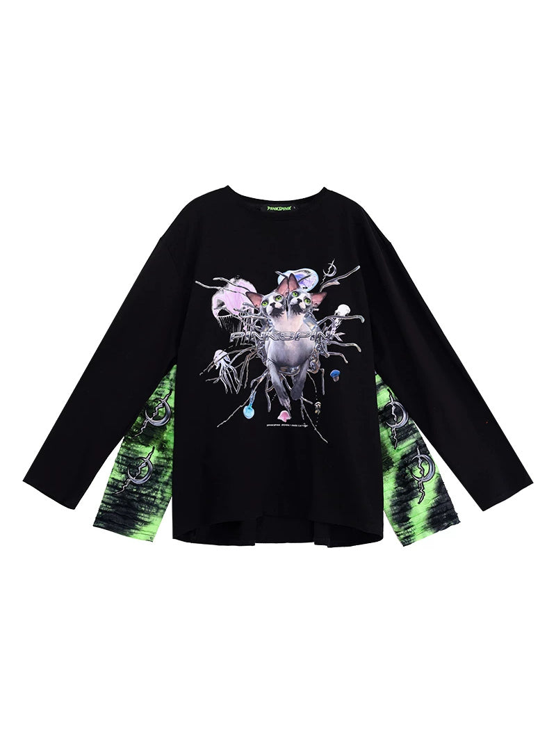 PINKSPINK SPHYNX four-sleeve graphic tee — black green solo product view