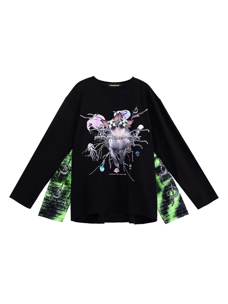 PINKSPINK SPHYNX four-sleeve graphic tee — black green solo product view