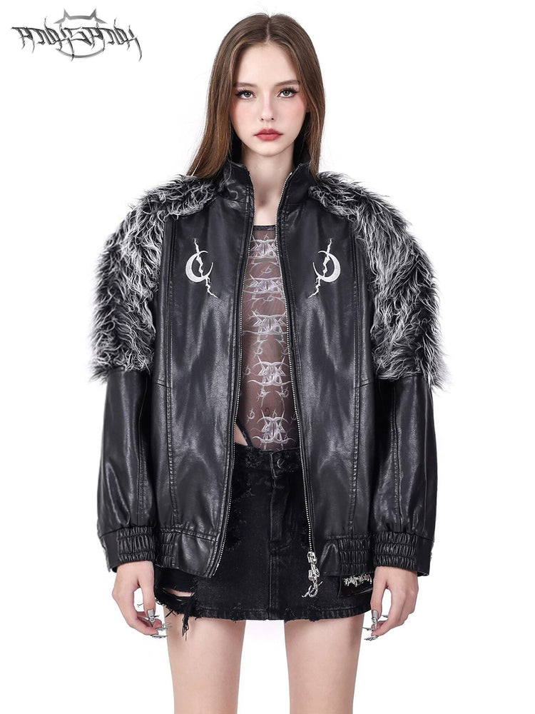 PINKSPINK ELECTRIC MOON faux-fur yoke faux-leather jacket in black silver — front modeled close-up showing silver faux-fur shoulder trim and moon motifs