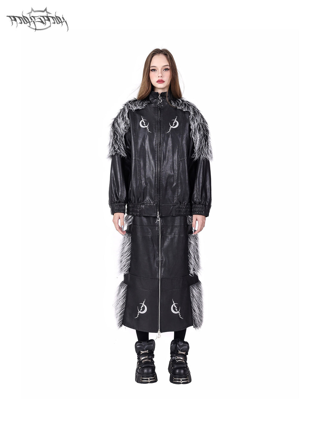 PINKSPINK ELECTRIC MOON faux-fur yoke faux-leather jacket in black silver — front full-length modeled view styled with the matching skirt