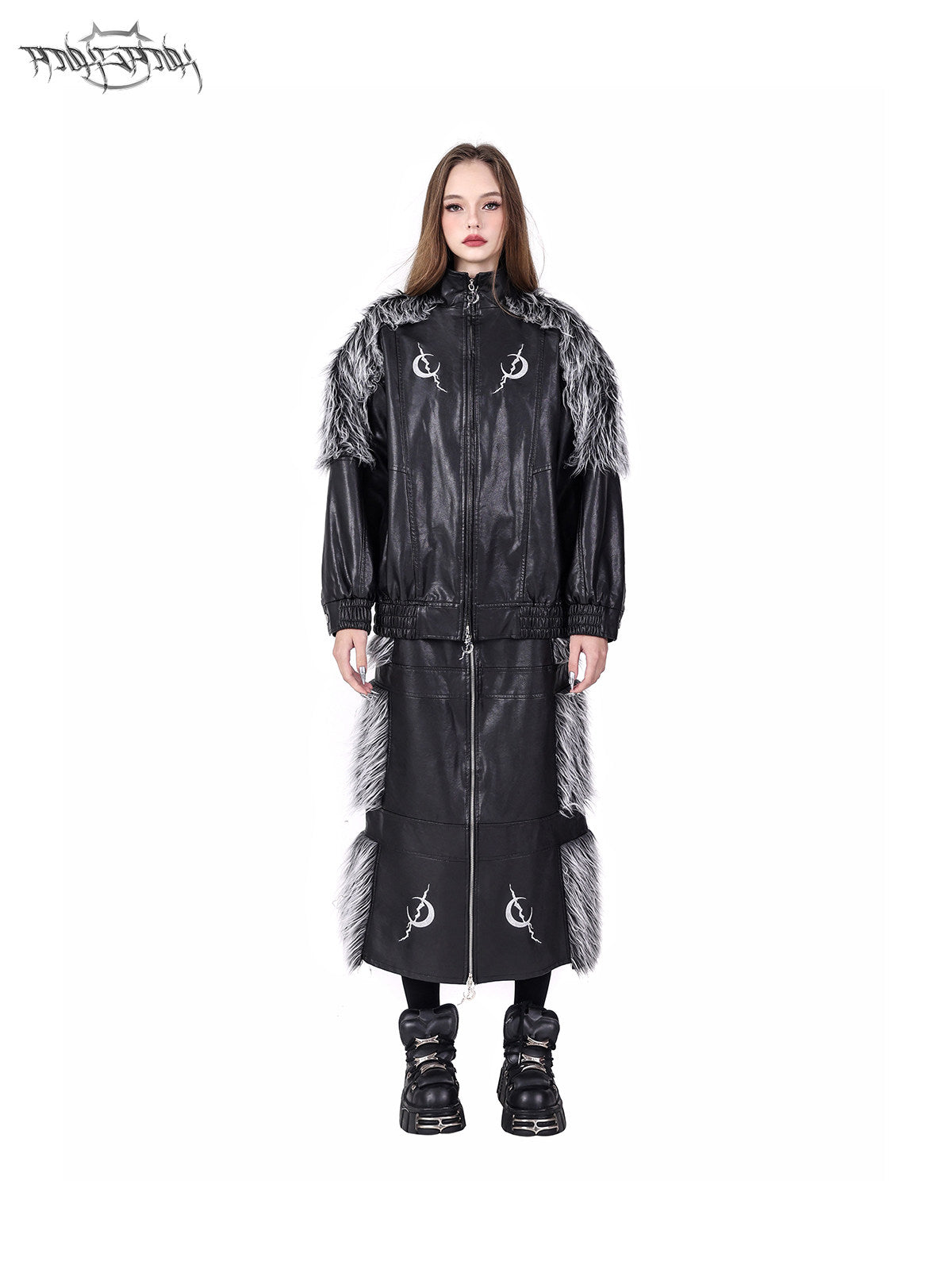 PINKSPINK ELECTRIC MOON faux-fur yoke faux-leather jacket in black silver — front full-length modeled view styled with the matching skirt