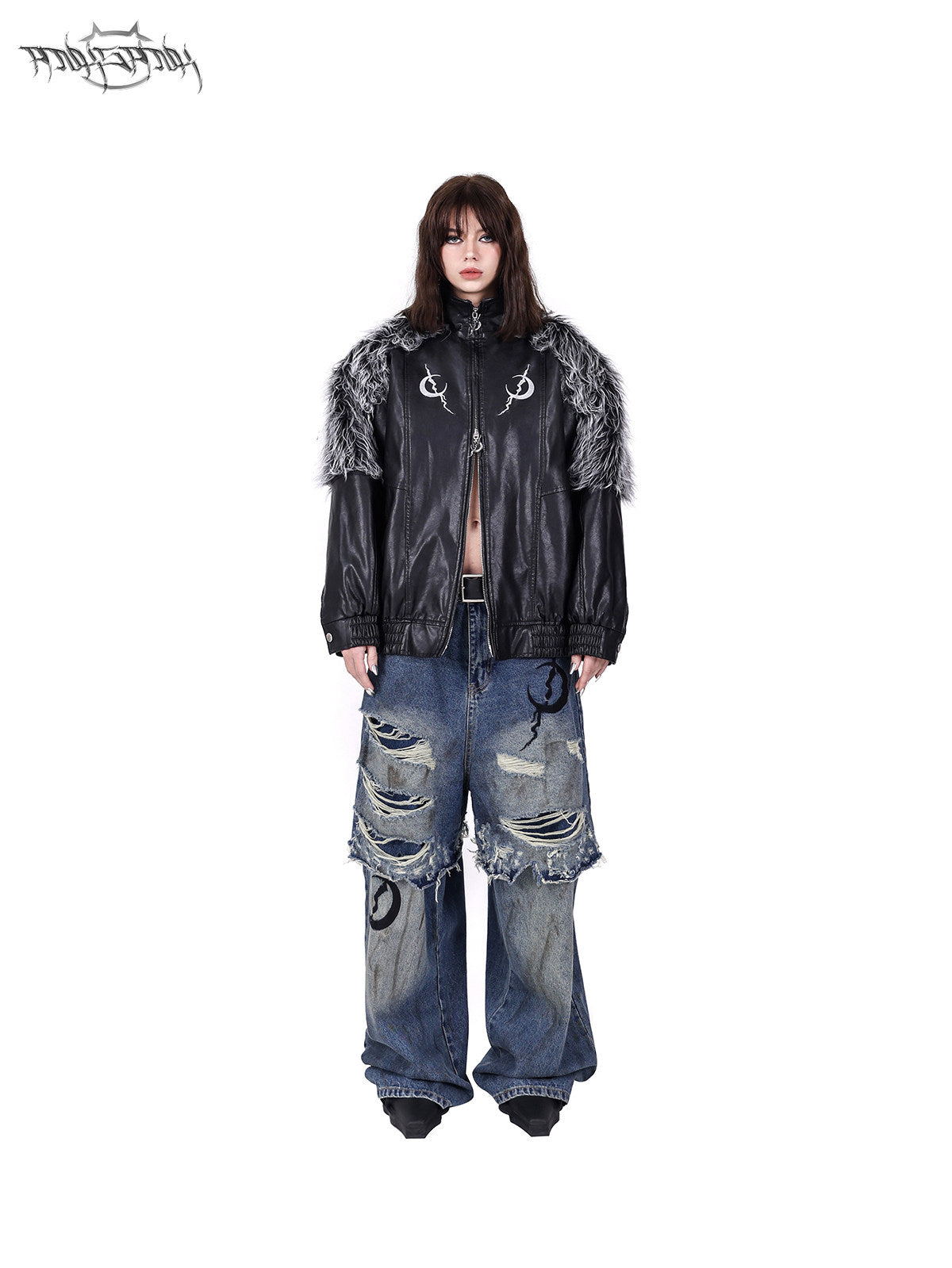PINKSPINK ELECTRIC MOON faux-fur yoke faux-leather jacket in black silver — angled modeled view showing the fur-trimmed shoulder