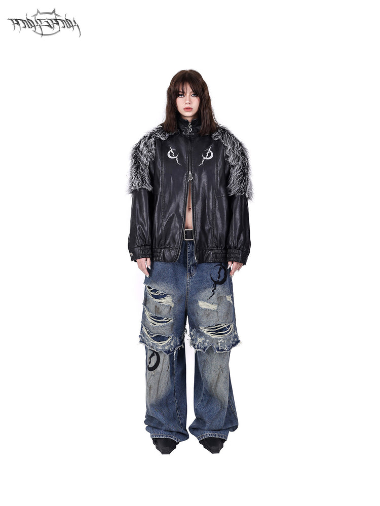 PINKSPINK ELECTRIC MOON faux-fur yoke faux-leather jacket in black silver — angled modeled view showing the fur-trimmed shoulder