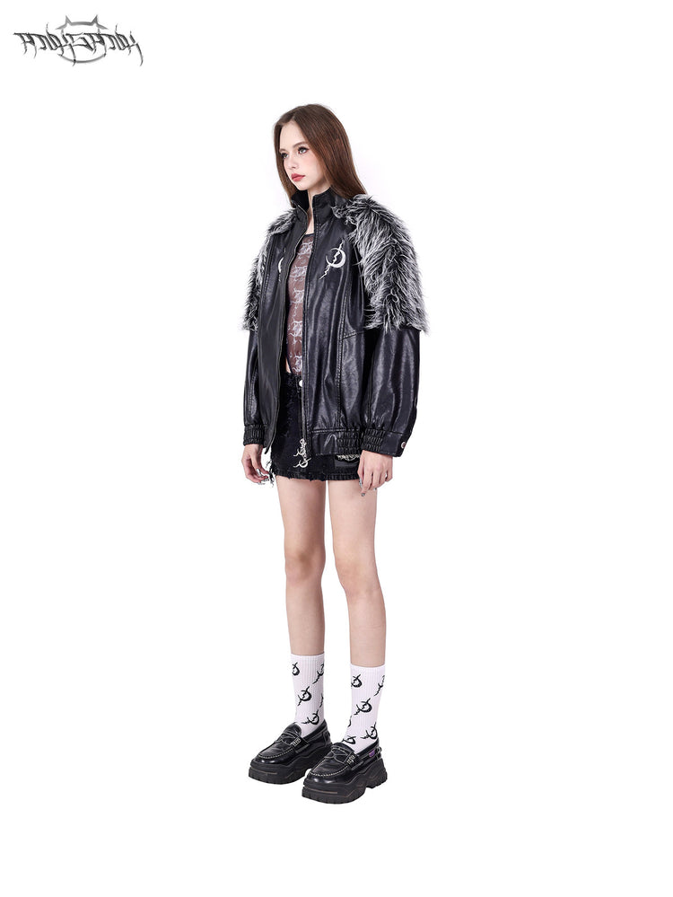 PINKSPINK ELECTRIC MOON faux-fur yoke faux-leather jacket in black silver — front modeled view with hands in the pockets