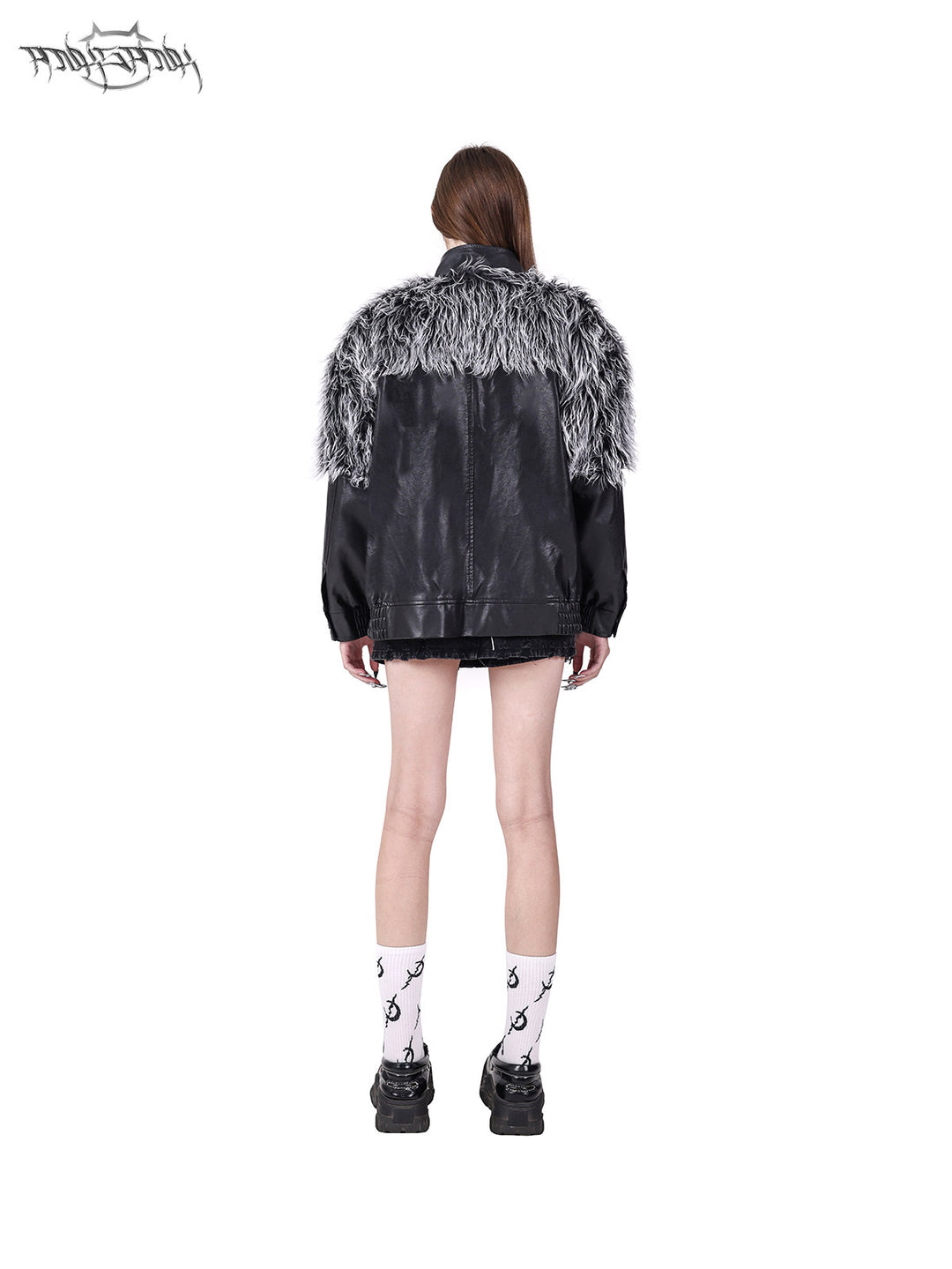 PINKSPINK ELECTRIC MOON faux-fur yoke faux-leather jacket in black silver — front modeled view showing the jacket's loose shape