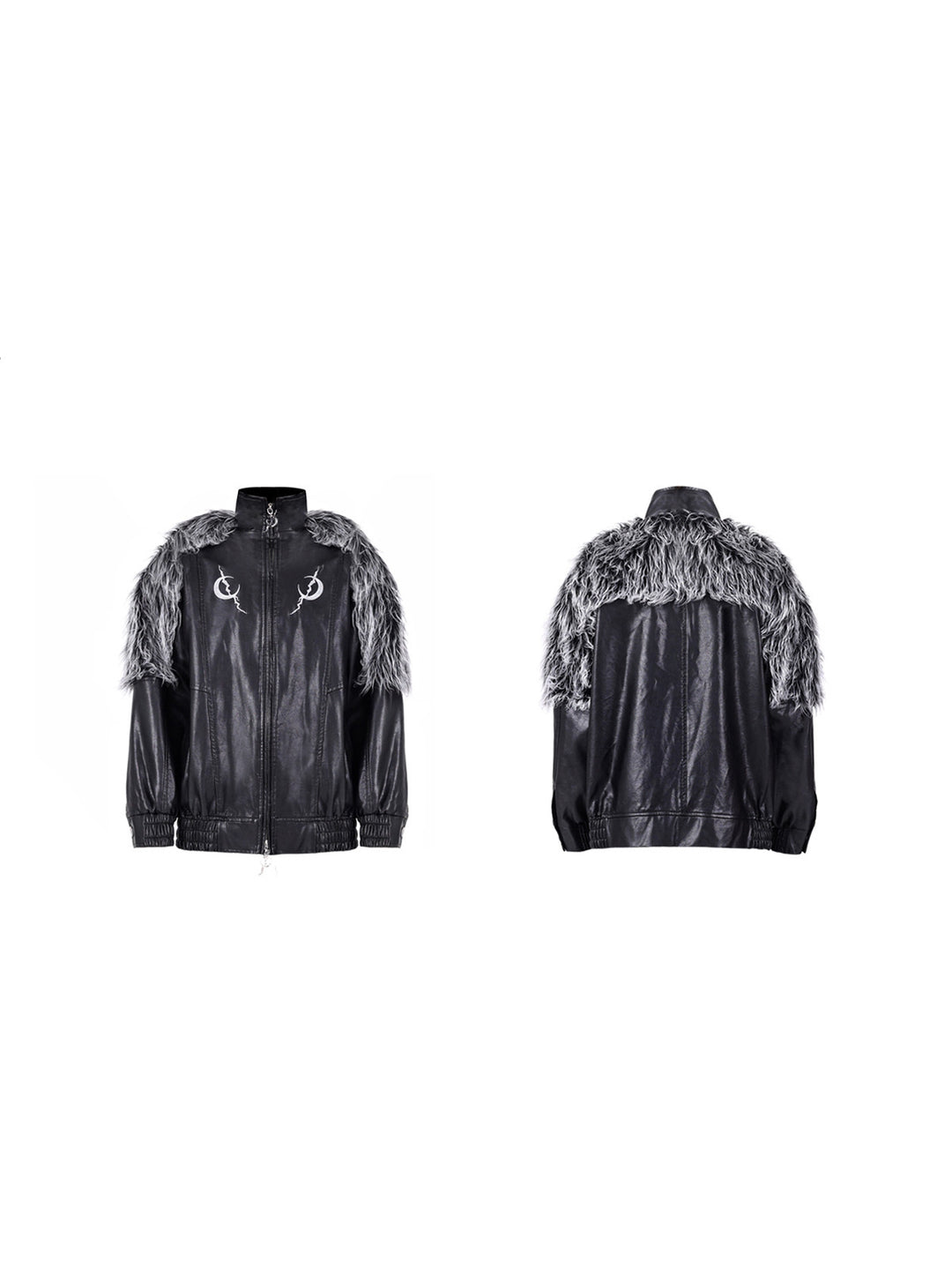 PINKSPINK ELECTRIC MOON faux-fur yoke faux-leather jacket in black silver — front and back garment-only views showing the silver faux-fur yoke