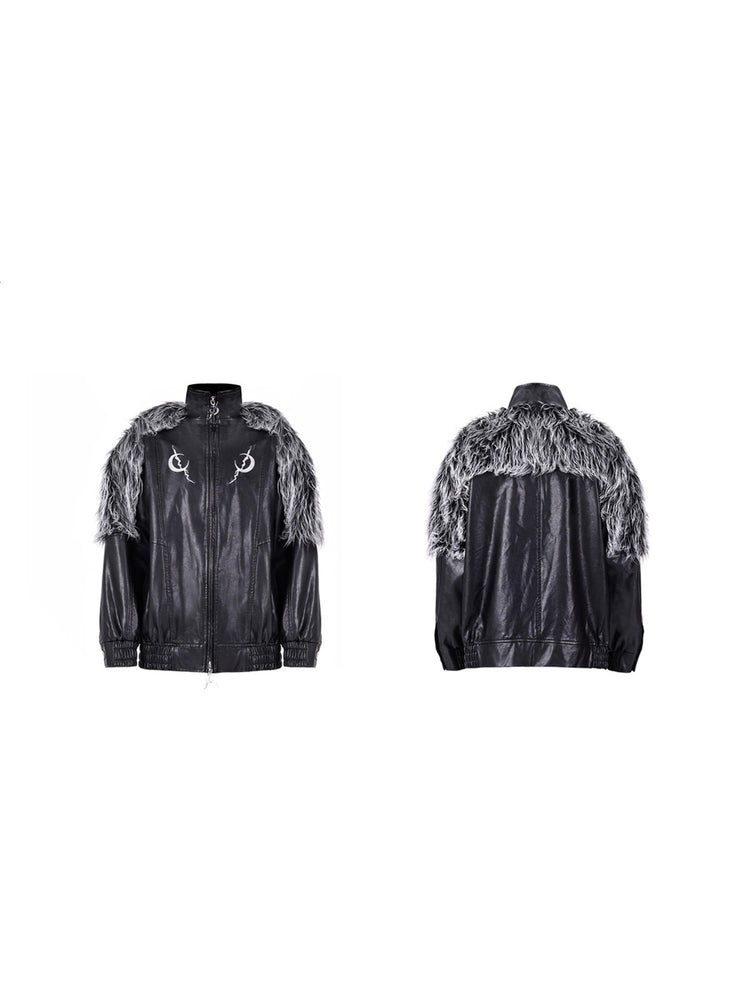 PINKSPINK ELECTRIC MOON faux-fur yoke faux-leather jacket in black silver — front and back garment-only views showing the silver faux-fur yoke