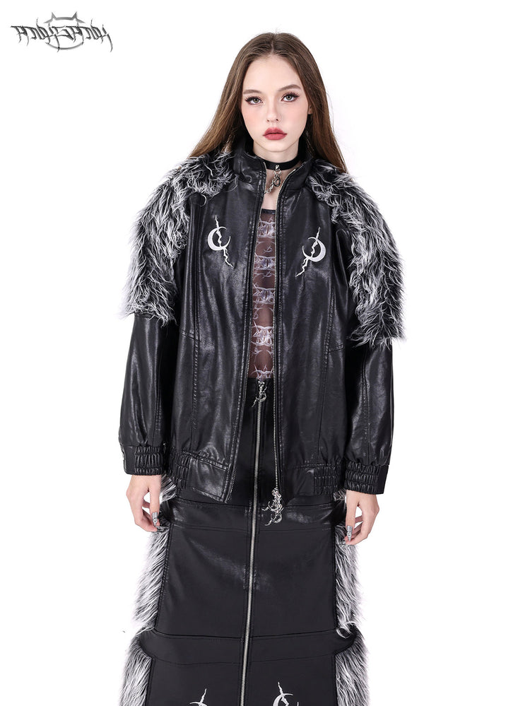 PINKSPINK ELECTRIC MOON faux-fur yoke faux-leather jacket in black silver — front close-up styled with the matching maxi skirt