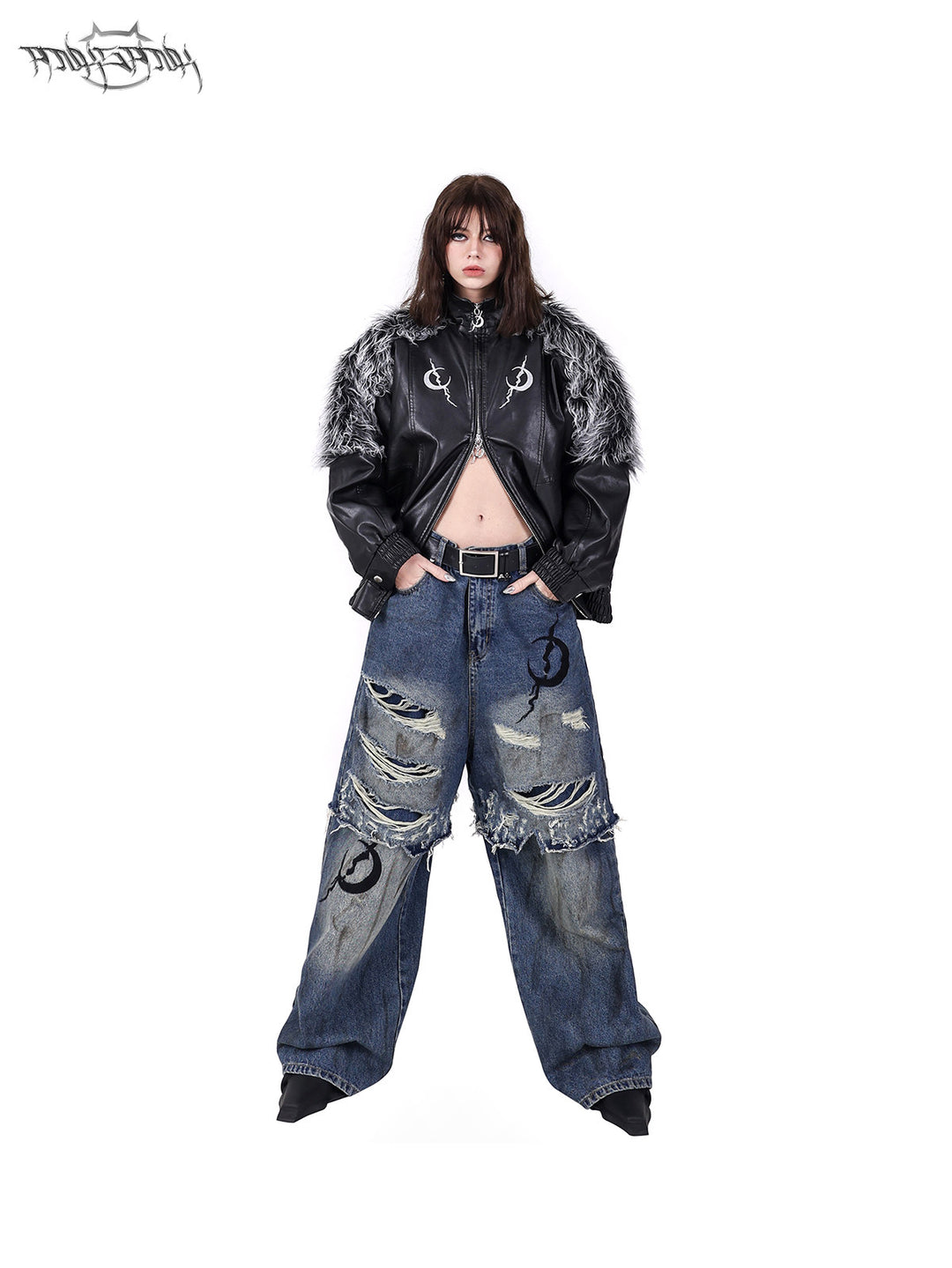 PINKSPINK ELECTRIC MOON faux-fur yoke faux-leather jacket in black silver — full-length front modeled view styled with jeans and the lower zip open