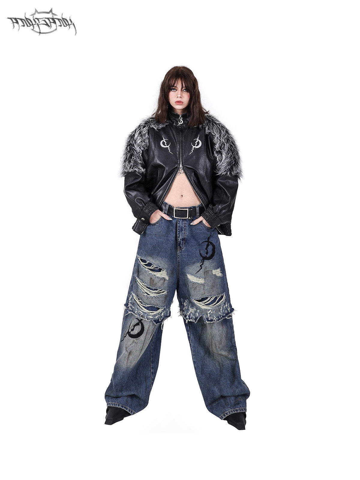 PINKSPINK ELECTRIC MOON faux-fur yoke faux-leather jacket in black silver — full-length front modeled view styled with jeans and the lower zip open