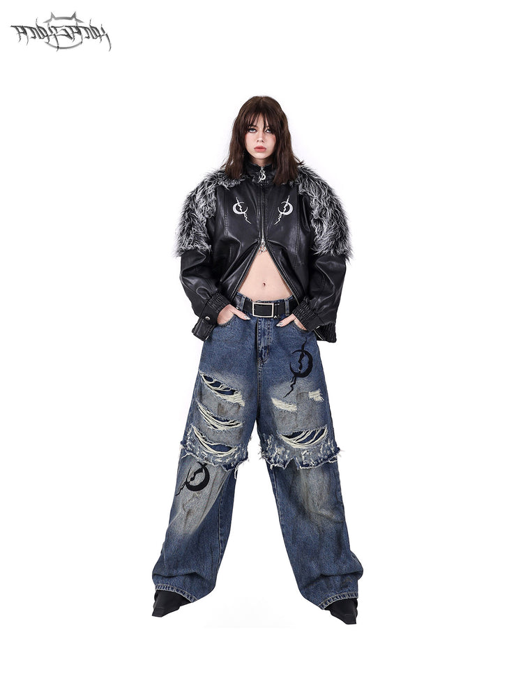 PINKSPINK ELECTRIC MOON faux-fur yoke faux-leather jacket in black silver — full-length front modeled view styled with jeans and the lower zip open