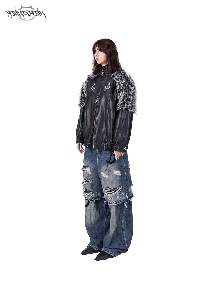 PINKSPINK ELECTRIC MOON faux-fur yoke faux-leather jacket in black silver — profile modeled view styled with jeans