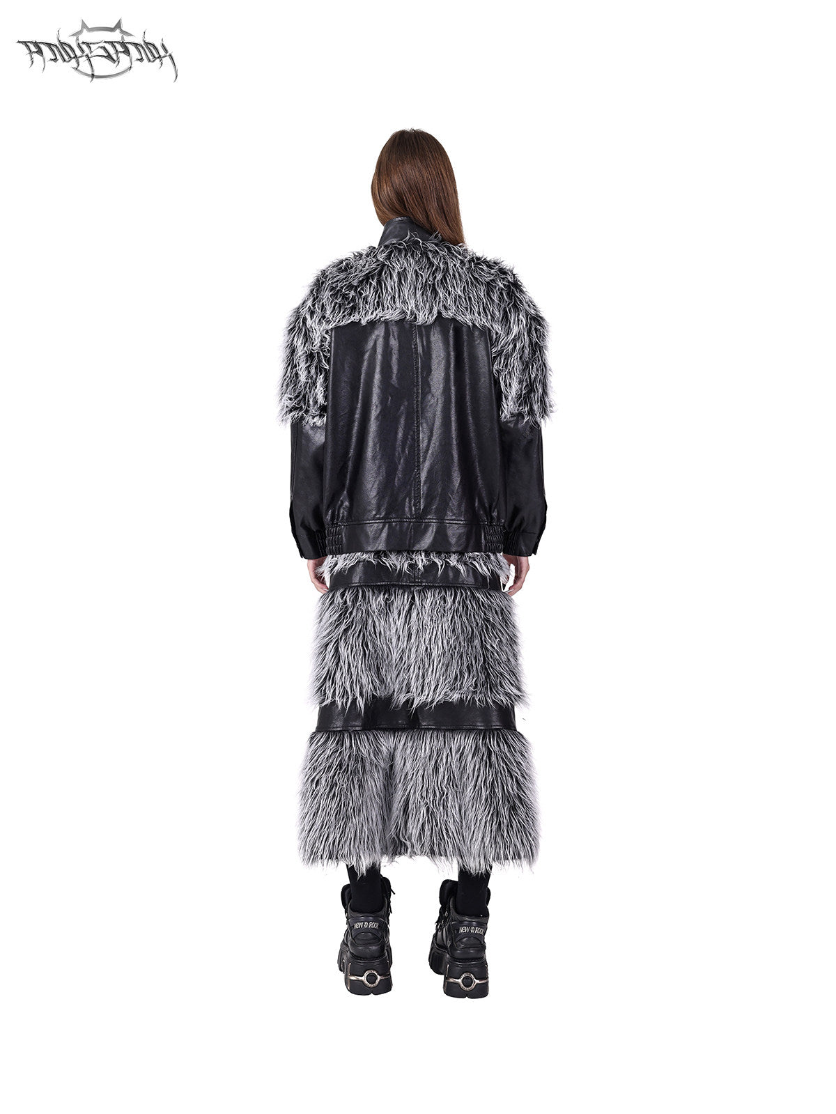 PINKSPINK ELECTRIC MOON faux-fur yoke faux-leather jacket in black silver — rear full-length modeled view styled with the matching skirt