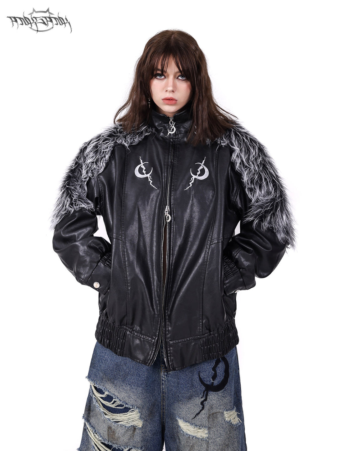 PINKSPINK ELECTRIC MOON faux-fur yoke faux-leather jacket in black silver — front modeled close-up with hands in the pockets