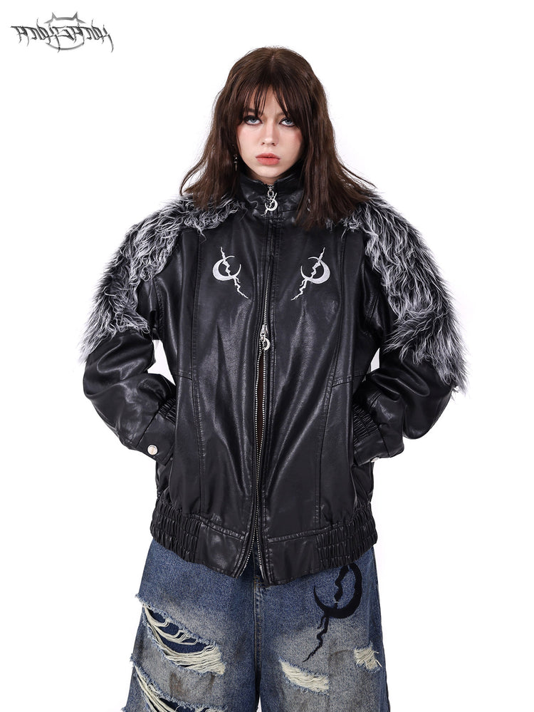 PINKSPINK ELECTRIC MOON faux-fur yoke faux-leather jacket in black silver — front modeled close-up with hands in the pockets