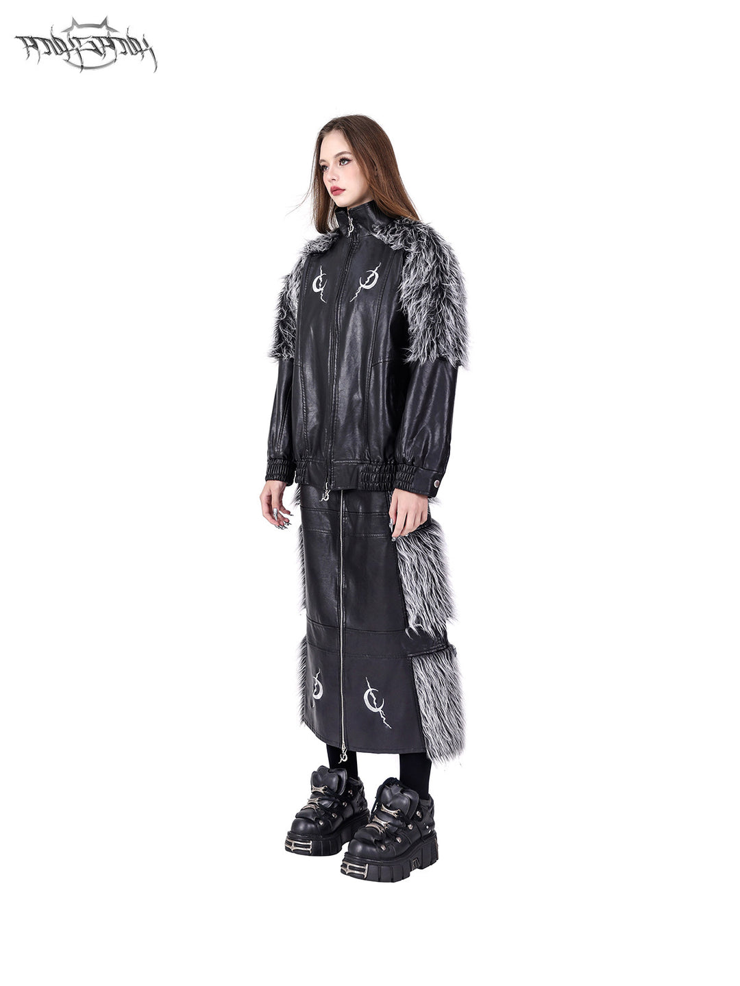 PINKSPINK ELECTRIC MOON faux-fur yoke faux-leather jacket in black silver — angled full-length modeled view styled with the matching skirt