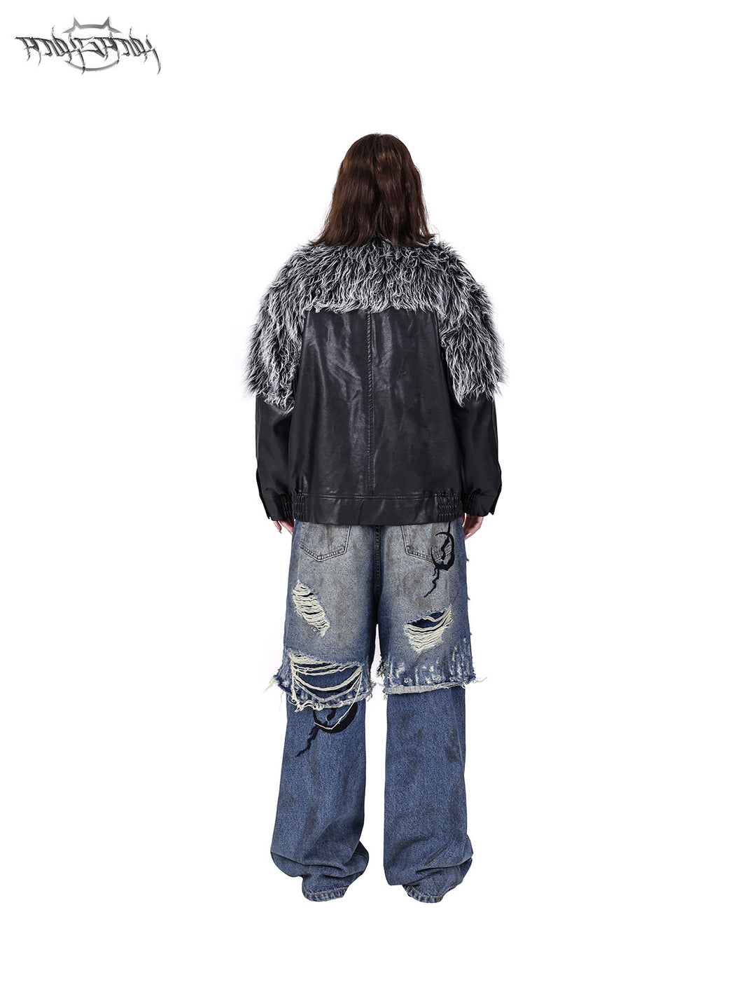 PINKSPINK ELECTRIC MOON faux-fur yoke faux-leather jacket in black silver — rear modeled view showing the silver fur yoke