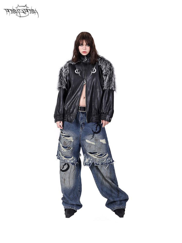 PINKSPINK ELECTRIC MOON faux-fur yoke faux-leather jacket in black silver — full-length modeled view with arms relaxed and the lower zip open