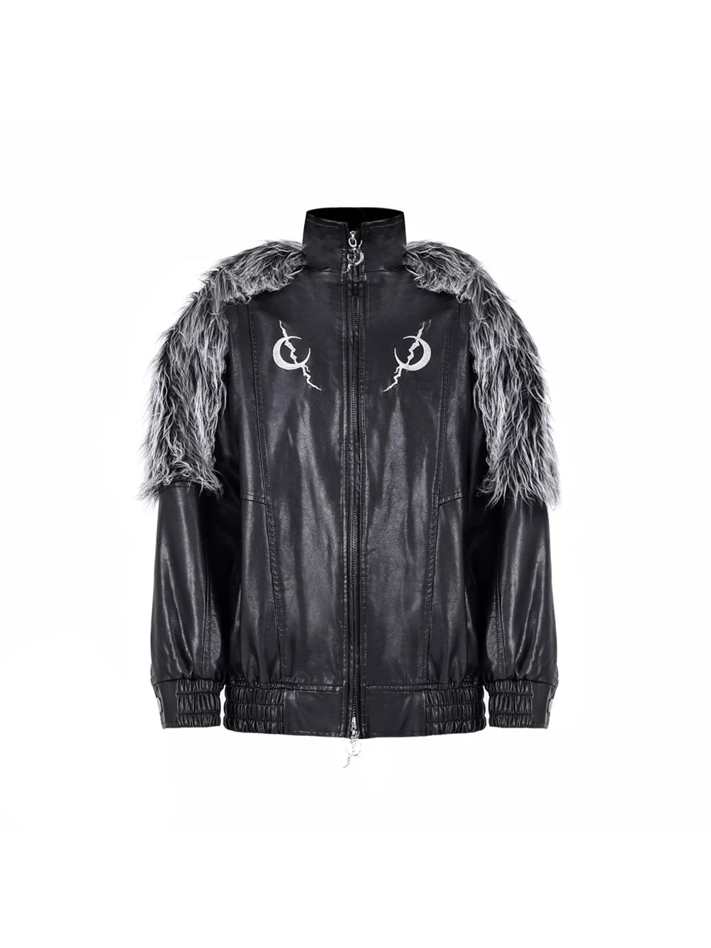 PINKSPINK ELECTRIC MOON faux-fur yoke faux-leather jacket in black silver — front garment-only view showing moon motifs and fur-trimmed shoulders