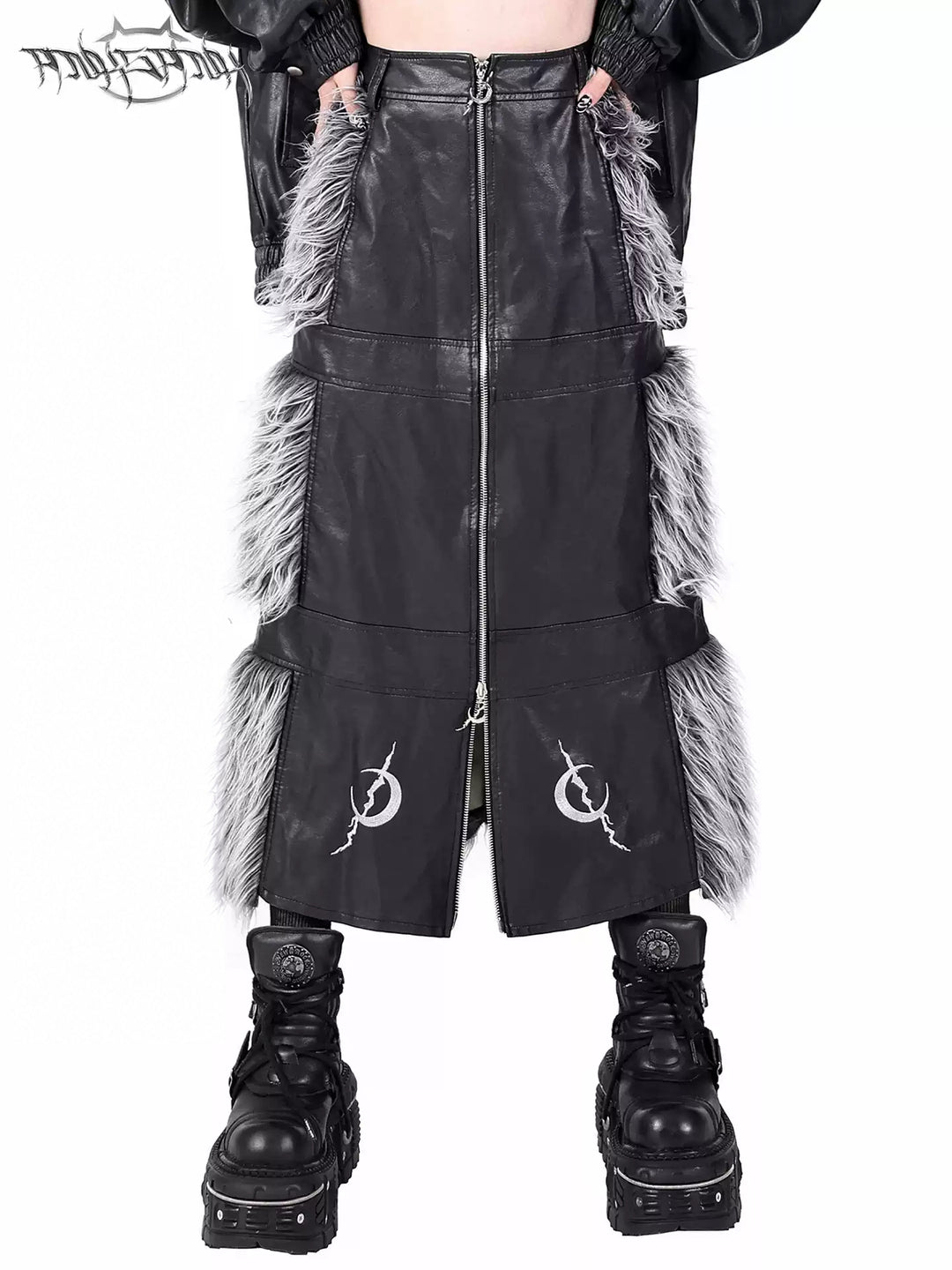 PINKSPINK ELECTRIC MOON two-way faux-fur paneled maxi skirt in black silver — front modeled close-up showing the two-way zipper and silver faux-fur panels