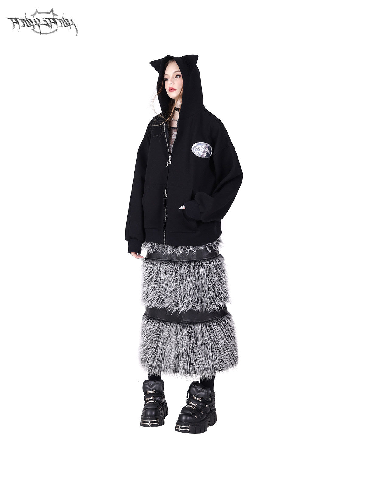 PINKSPINK ELECTRIC MOON two-way faux-fur paneled maxi skirt in black silver — front full-length modeled view showing the fur-panel side