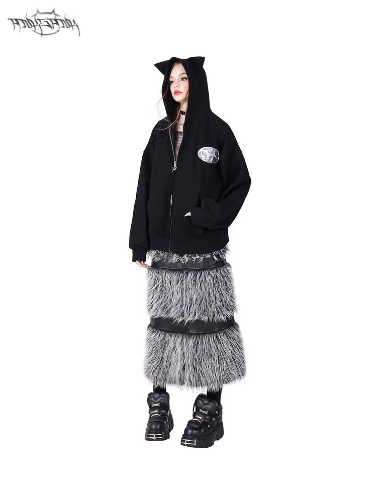 PINKSPINK ELECTRIC MOON two-way faux-fur paneled maxi skirt in black silver — front full-length modeled view showing the fur-panel side