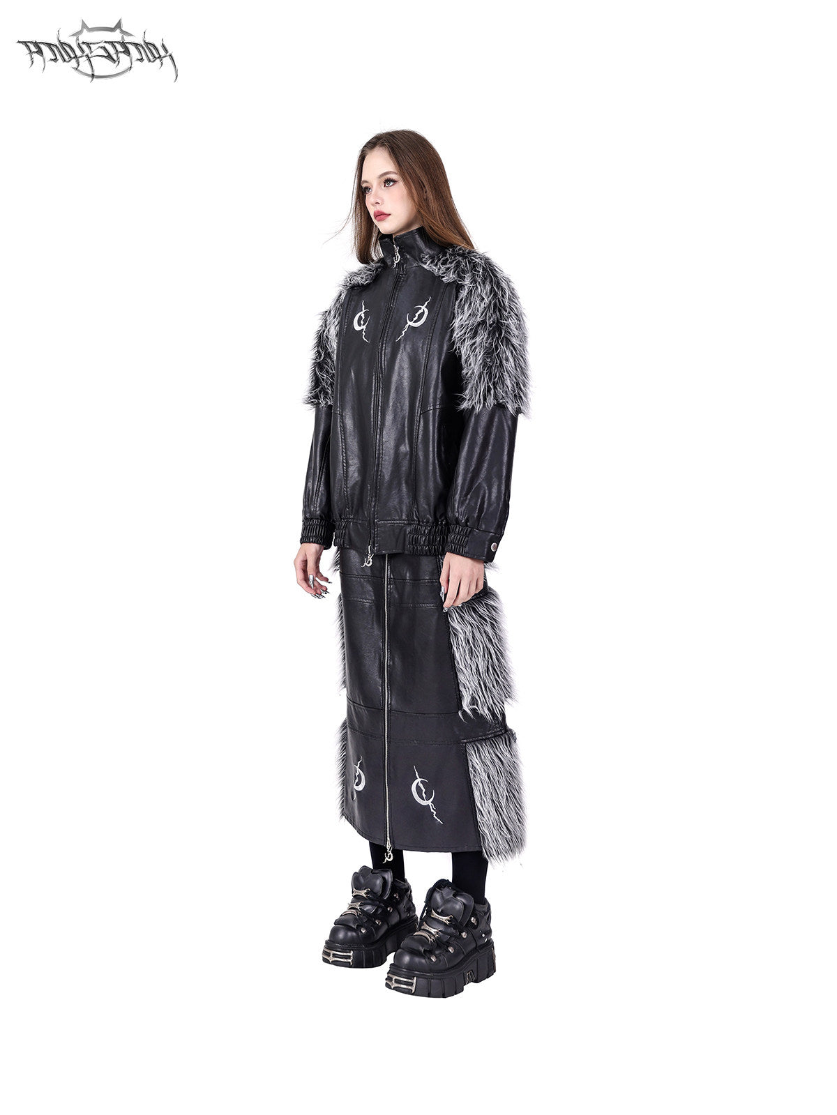 PINKSPINK ELECTRIC MOON two-way faux-fur paneled maxi skirt in black silver — angled full-length modeled view styled with the matching jacket