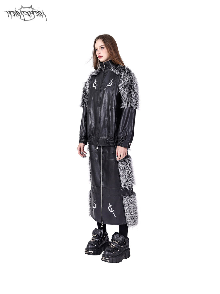 PINKSPINK ELECTRIC MOON two-way faux-fur paneled maxi skirt in black silver — angled full-length modeled view styled with the matching jacket