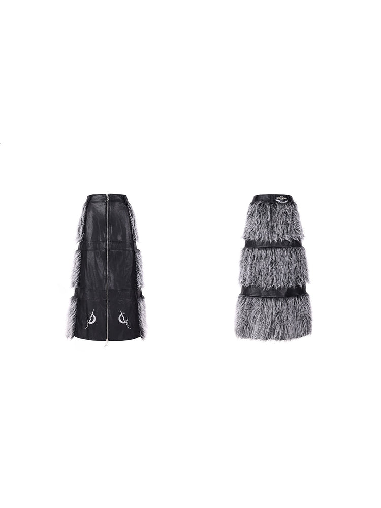 PINKSPINK ELECTRIC MOON two-way faux-fur paneled maxi skirt in black silver — front and back garment-only views of the two wearable faces