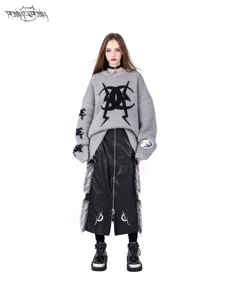 PINKSPINK ELECTRIC MOON two-way faux-fur paneled maxi skirt in black silver — front modeled view with hands in pockets, styled with gray knitwear